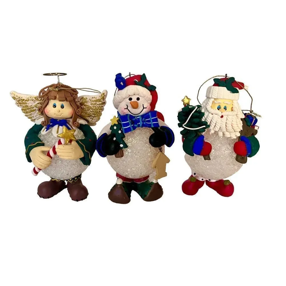 VTG Set of 3 Christmas Snowman, Angel & Santa Soft Plastic Snowball Ornaments